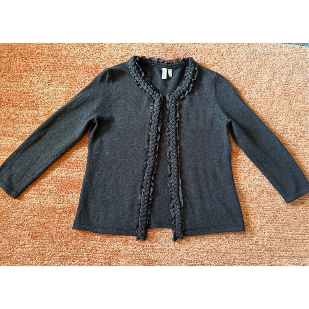 Madison Dark Gray Cotton Cardigan Silk Trim Open Front Size S